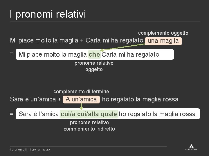I pronomi relativi complemento oggetto Mi piace molto la maglia + Carla mi ha I pronomi relativi complemento oggetto Mi piace molto la maglia + Carla mi ha