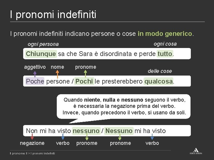 I pronomi indefiniti indicano persone o cose in modo generico. ogni cosa ogni persona I pronomi indefiniti indicano persone o cose in modo generico. ogni cosa ogni persona