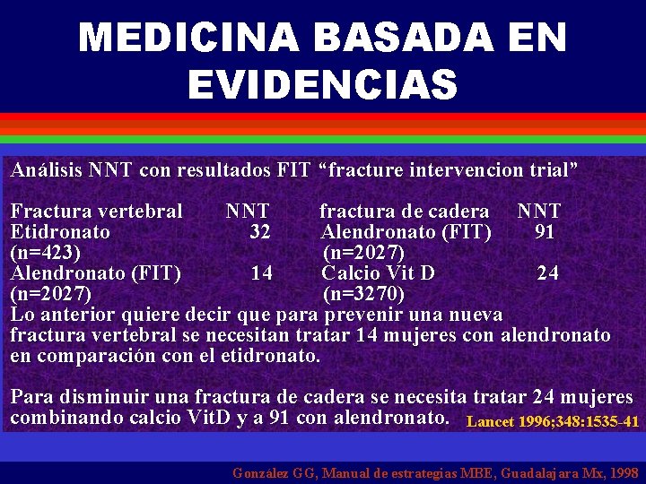 MEDICINA BASADA EN EVIDENCIAS Análisis NNT con resultados FIT “fracture intervencion trial” Fractura vertebral