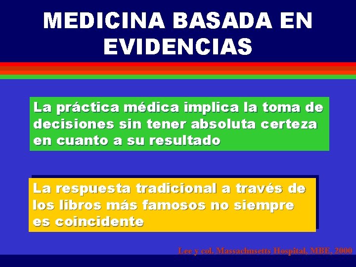 MEDICINA BASADA EN EVIDENCIAS La práctica médica implica la toma de decisiones sin tener