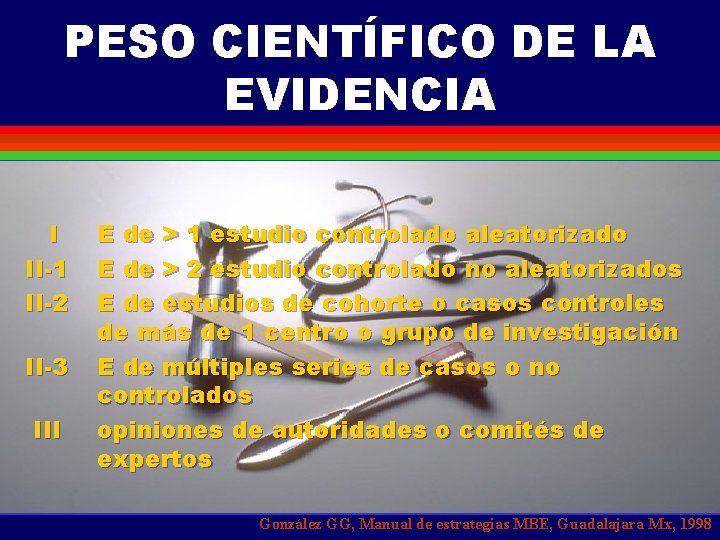 PESO CIENTÍFICO DE LA EVIDENCIA I II-1 II-2 II-3 III E de > 1