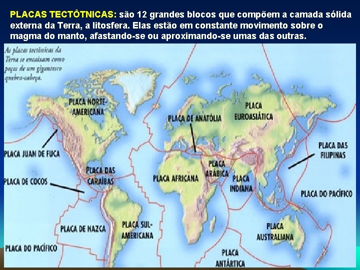 PLACAS TECTÔTNICAS: são 12 grandes blocos que compõem a camada sólida externa da Terra,