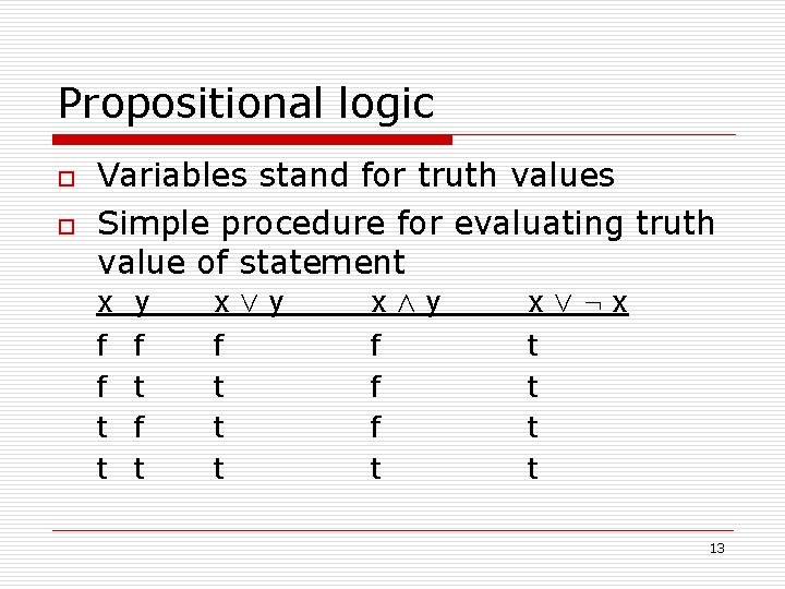 Propositional logic o o Variables stand for truth values Simple procedure for evaluating truth