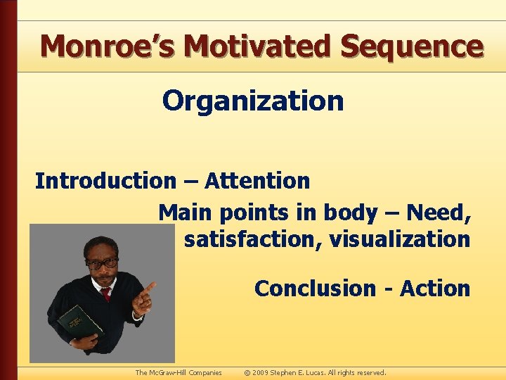 Monroe’s Motivated Sequence Organization Introduction – Attention Main points in body – Need, satisfaction,