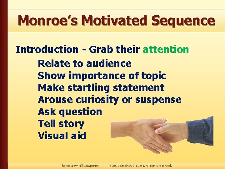 Monroe’s Motivated Sequence Introduction - Grab their attention Relate to audience Show importance of