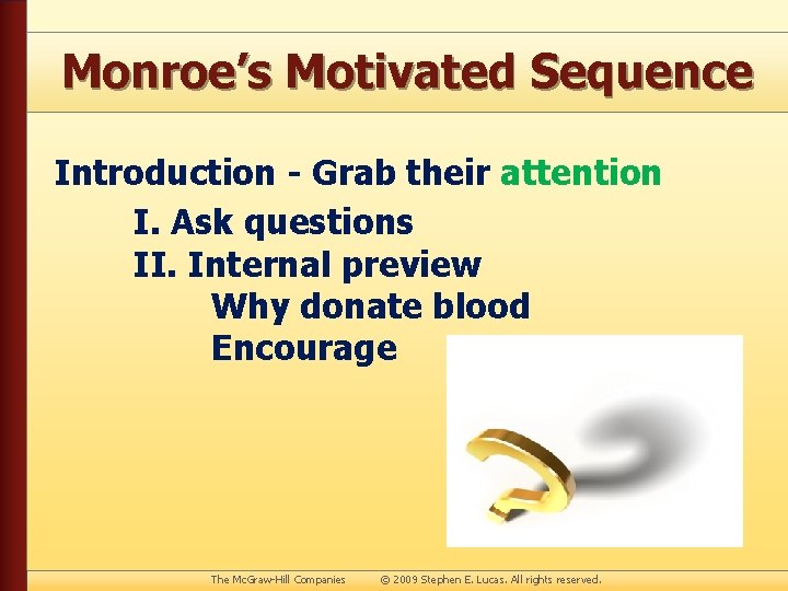 Monroe’s Motivated Sequence Introduction - Grab their attention I. Ask questions II. Internal preview