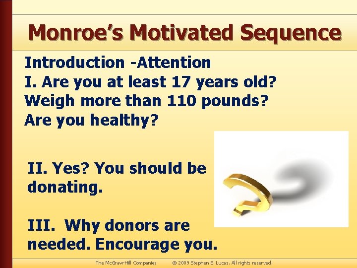 Monroe’s Motivated Sequence Introduction -Attention I. Are you at least 17 years old? Weigh