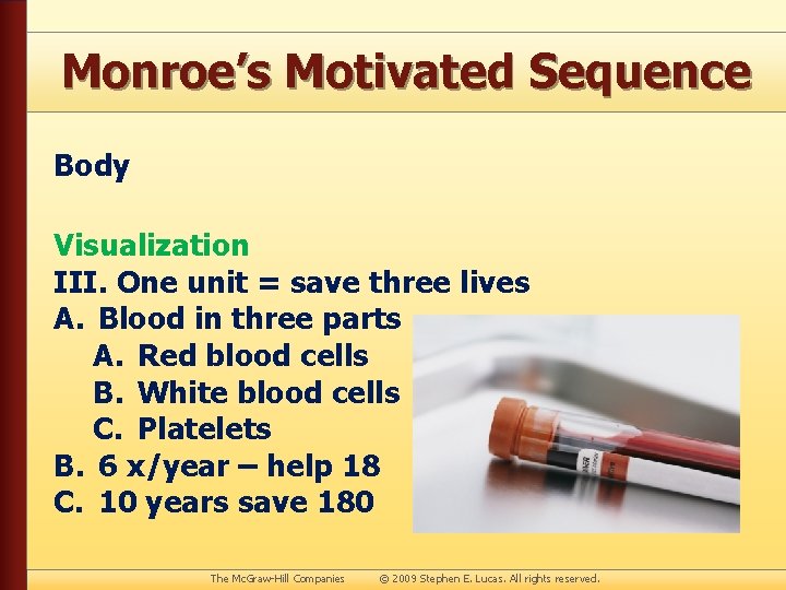 Monroe’s Motivated Sequence Body Visualization III. One unit = save three lives A. Blood