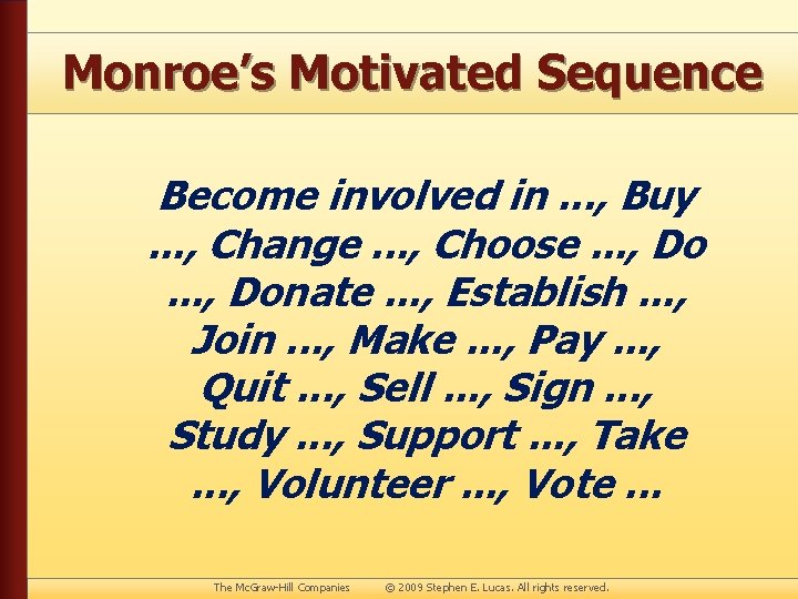Monroe’s Motivated Sequence Become involved in. . . , Buy. . . , Change.