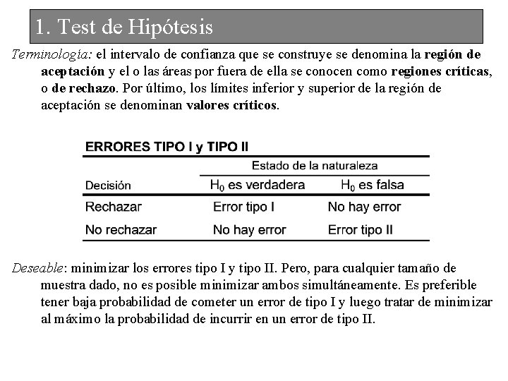 1. Test de Hipótesis Terminología: el intervalo de confianza que se construye se denomina