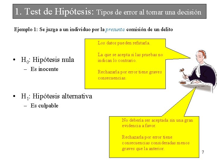 1. Test de Hipótesis: Tipos de error al tomar una decisión Ejemplo 1: Se