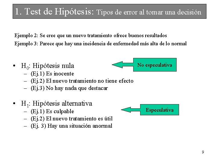 1. Test de Hipótesis: Tipos de error al tomar una decisión Ejemplo 2: Se