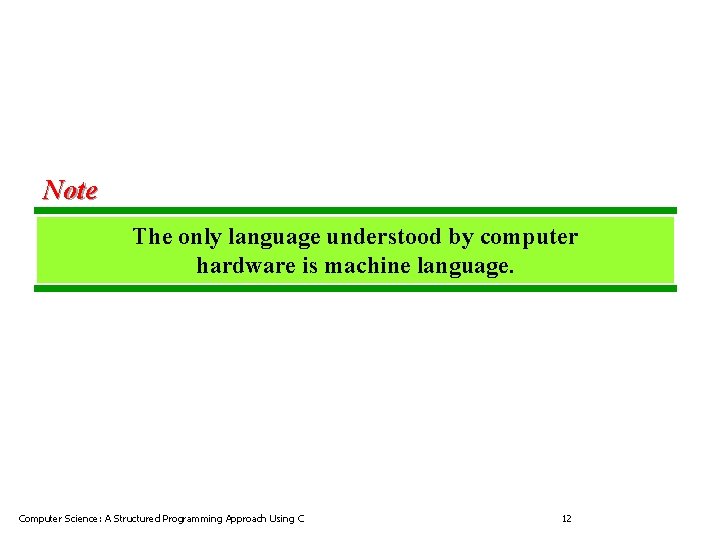 Note The only language understood by computer hardware is machine language. Computer Science: A