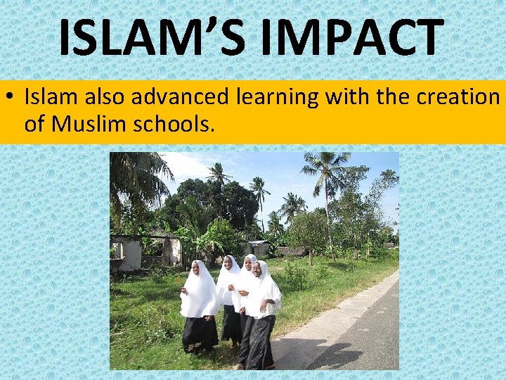 ISLAM’S IMPACT • Islam also advanced learning with the creation of Muslim schools. 