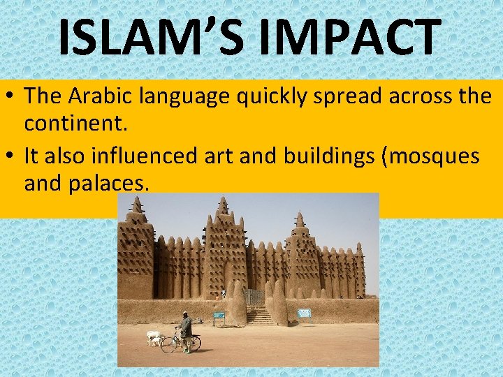 ISLAM’S IMPACT • The Arabic language quickly spread across the continent. • It also