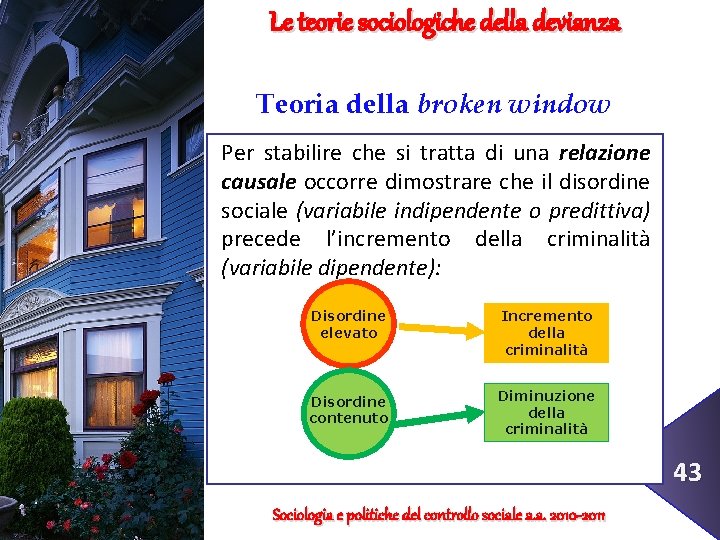 Le teorie sociologiche della devianza Teoria della broken window Per stabilire che si tratta
