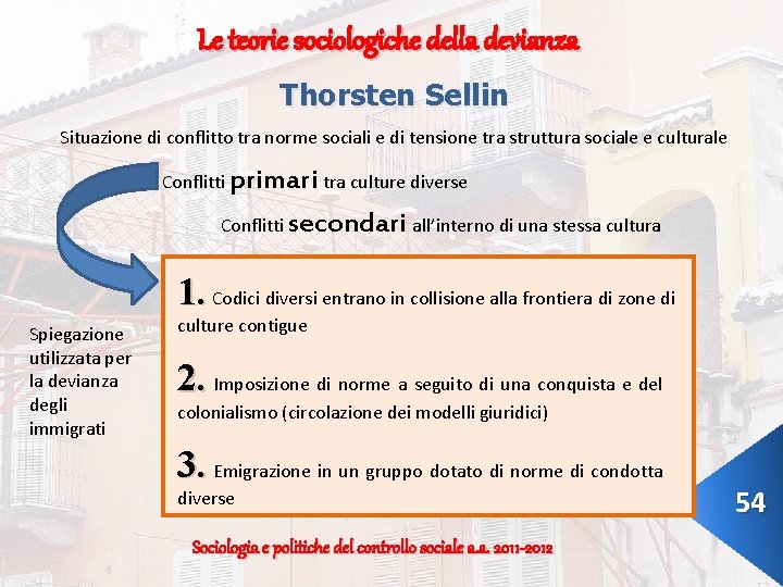 Le teorie sociologiche della devianza Thorsten Sellin Situazione di conflitto tra norme sociali e