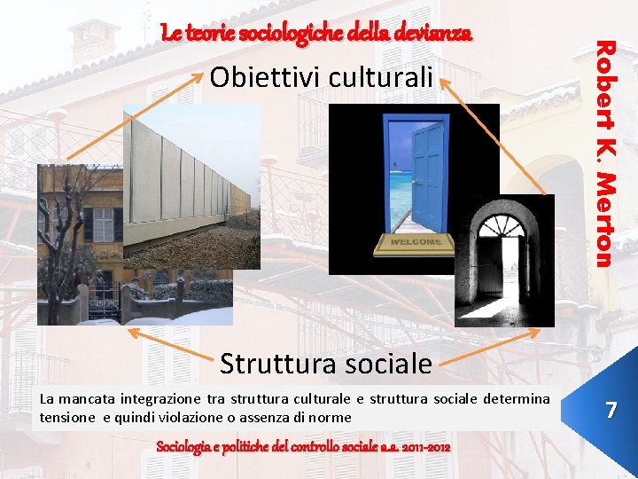 Obiettivi culturali Robert K. Merton Le teorie sociologiche della devianza Struttura sociale La mancata