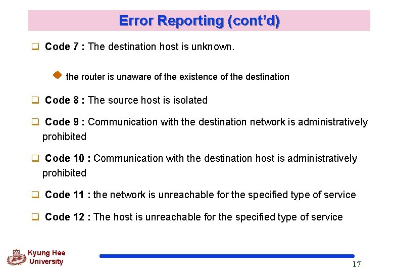Error Reporting (cont’d) q Code 7 : The destination host is unknown. the router Error Reporting (cont’d) q Code 7 : The destination host is unknown. the router