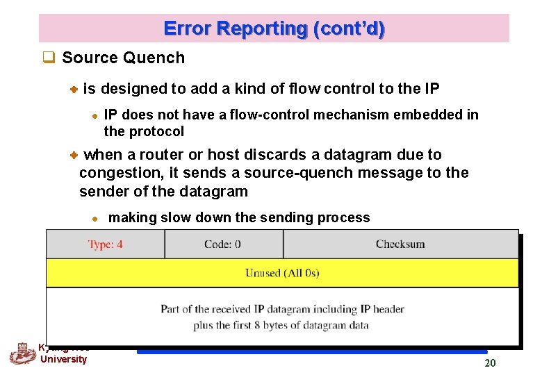 Error Reporting (cont’d) q Source Quench is designed to add a kind of flow Error Reporting (cont’d) q Source Quench is designed to add a kind of flow