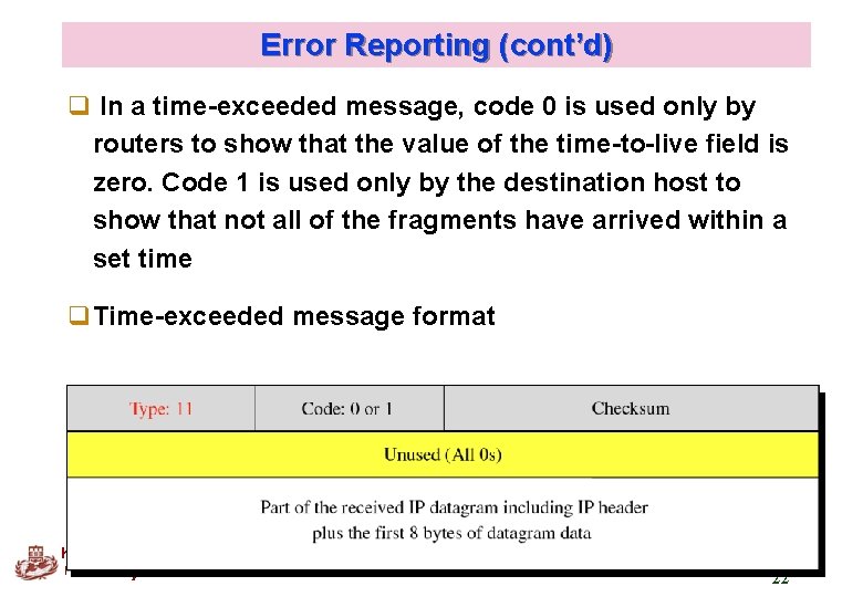 Error Reporting (cont’d) q In a time-exceeded message, code 0 is used only by Error Reporting (cont’d) q In a time-exceeded message, code 0 is used only by