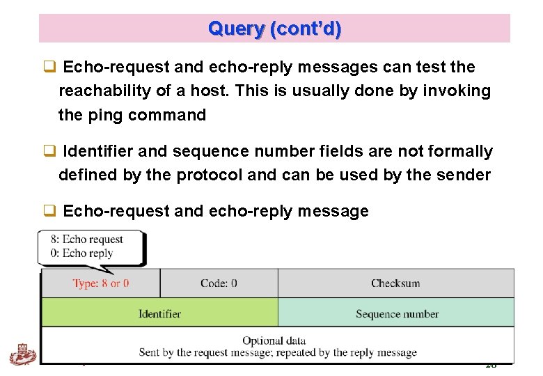 Query (cont’d) q Echo-request and echo-reply messages can test the reachability of a host. Query (cont’d) q Echo-request and echo-reply messages can test the reachability of a host.