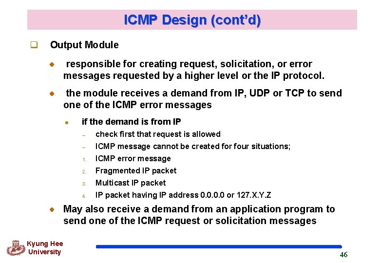 ICMP Design (cont’d) q Output Module responsible for creating request, solicitation, or error messages ICMP Design (cont’d) q Output Module responsible for creating request, solicitation, or error messages