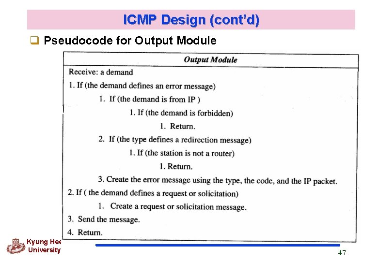 ICMP Design (cont’d) q Pseudocode for Output Module Kyung Hee University 47 ICMP Design (cont’d) q Pseudocode for Output Module Kyung Hee University 47