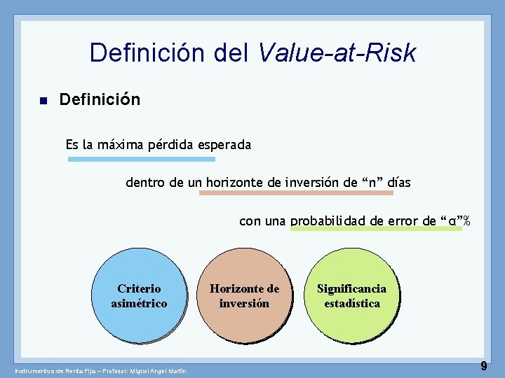 Definición del Value-at-Risk n Definición Es la máxima pérdida esperada dentro de un horizonte