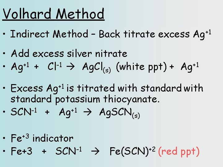 Volhard Method • Indirect Method – Back titrate excess Ag+1 • Add excess silver
