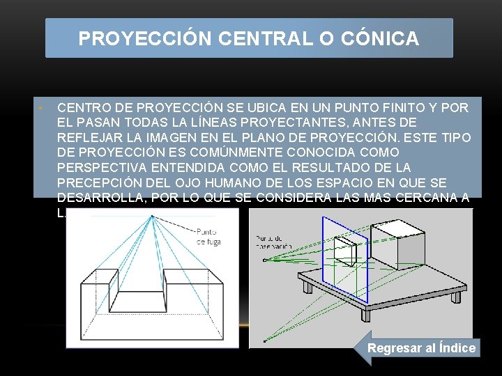 PROYECCIÓN CENTRAL O CÓNICA • CENTRO DE PROYECCIÓN SE UBICA EN UN PUNTO FINITO