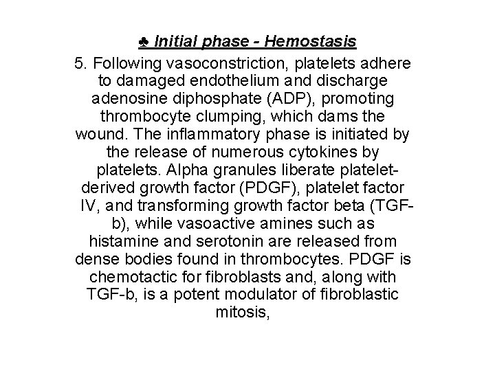 ♣ Initial phase - Hemostasis 5. Following vasoconstriction, platelets adhere to damaged endothelium and