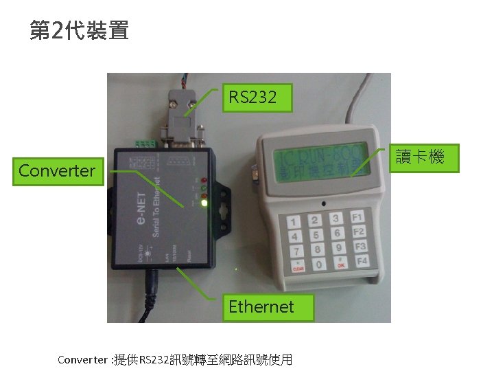 第 2代裝置 RS 232 讀卡機 Converter Ethernet Converter : 提供RS 232訊號轉至網路訊號使用 