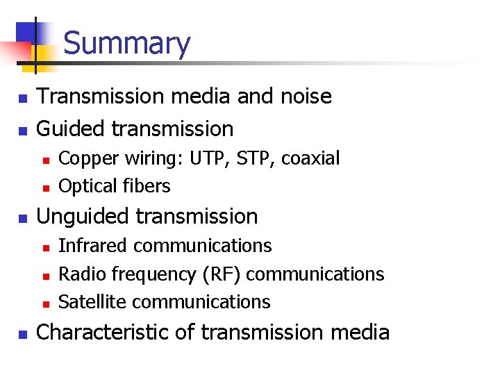 Summary n n Transmission media and noise Guided transmission n Unguided transmission n n