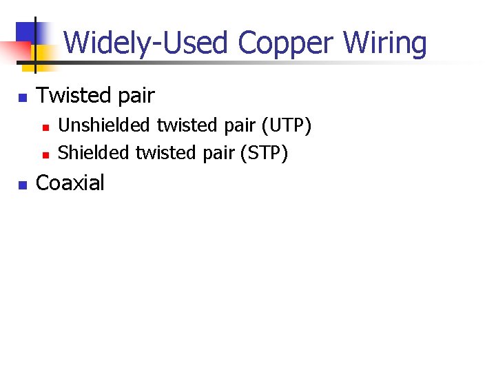 Widely-Used Copper Wiring n Twisted pair n n n Unshielded twisted pair (UTP) Shielded