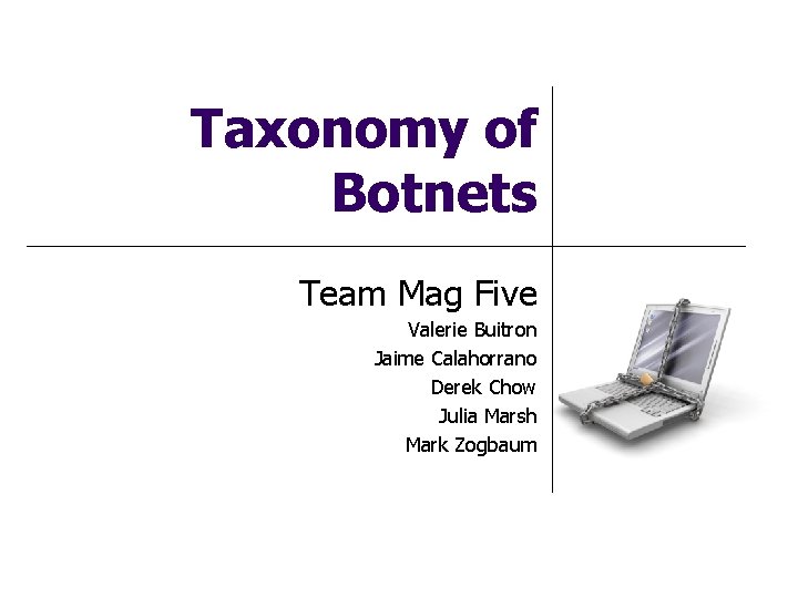 Taxonomy of Botnets Team Mag Five Valerie Buitron Jaime Calahorrano Derek Chow Julia Marsh
