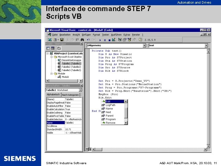 Automation and Drives Interface de commande STEP 7 Scripts VB SIMATIC Industrie Software A&D