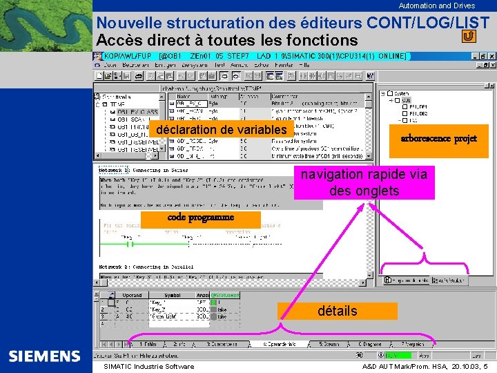 Automation and Drives Nouvelle structuration des éditeurs CONT/LOG/LIST Accès direct à toutes les fonctions