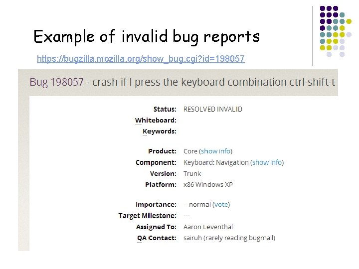 Example of invalid bug reports https: //bugzilla. mozilla. org/show_bug. cgi? id=198057 18 