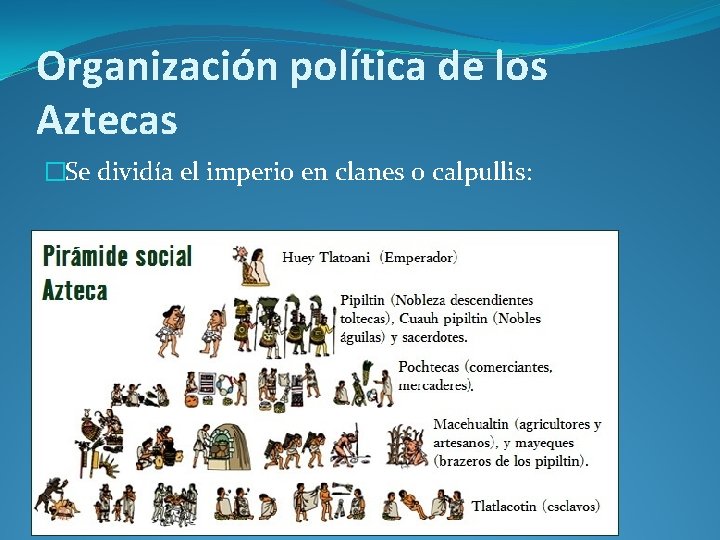 Organización política de los Aztecas �Se dividía el imperio en clanes o calpullis: 