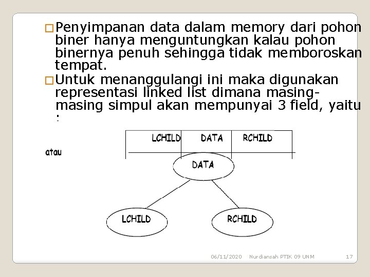 �Penyimpanan data dalam memory dari pohon biner hanya menguntungkan kalau pohon binernya penuh sehingga