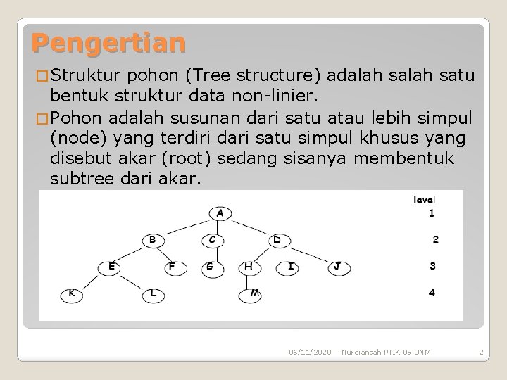 Pengertian � Struktur pohon (Tree structure) adalah satu bentuk struktur data non-linier. � Pohon