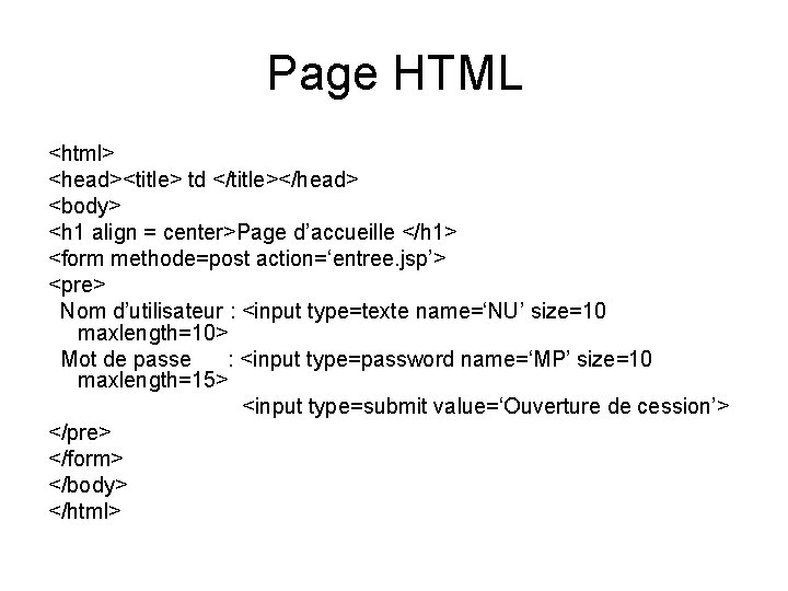 Page HTML <html> <head><title> td </title></head> <body> <h 1 align = center>Page d’accueille </h