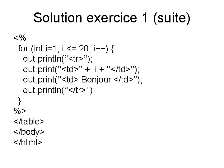 Solution exercice 1 (suite) <% for (int i=1; i <= 20; i++) { out.