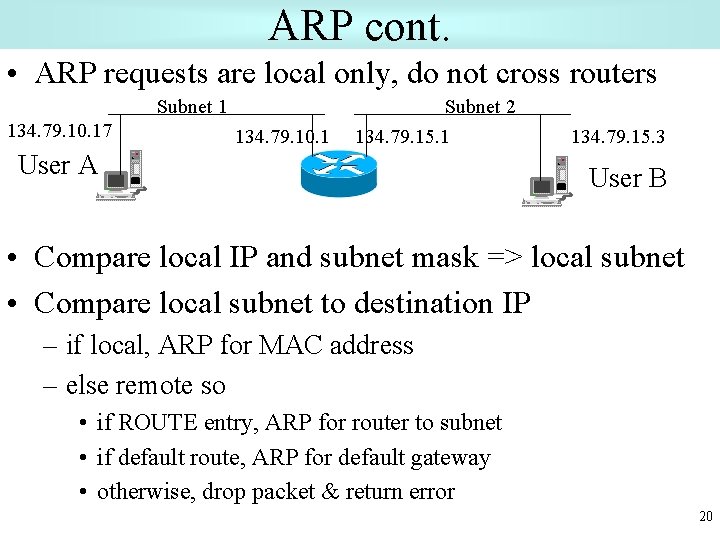 ARP cont. • ARP requests are local only, do not cross routers Subnet 1