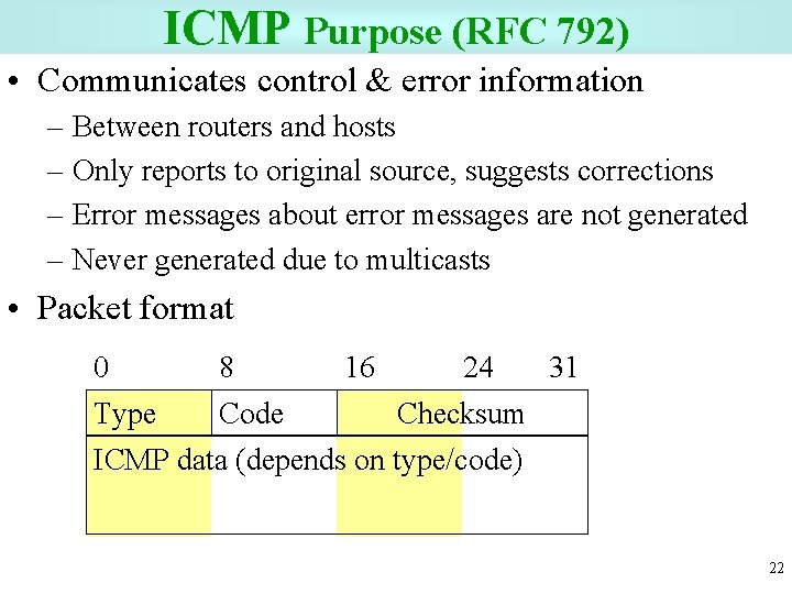 ICMP Purpose (RFC 792) • Communicates control & error information – Between routers and