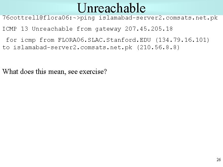 Unreachable 76 cottrell@flora 06: ~>ping islamabad-server 2. comsats. net. pk ICMP 13 Unreachable from