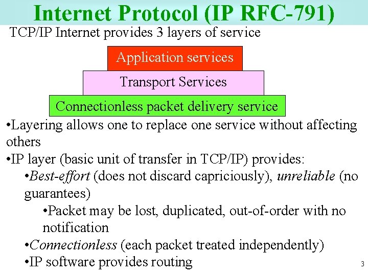 Internet Protocol (IP RFC-791) TCP/IP Internet provides 3 layers of service Application services Transport