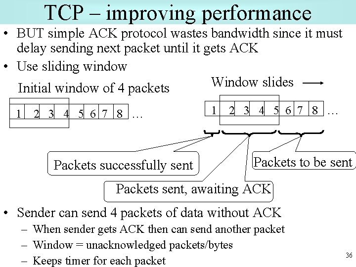 TCP – improving performance • BUT simple ACK protocol wastes bandwidth since it must