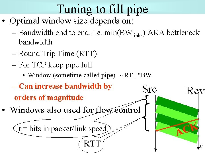 Tuning to fill pipe • Optimal window size depends on: – Bandwidth end to